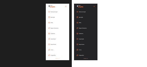 Menu lateral do Sittax Simples nas versões clara e escura, com os mesmos itens e ícones